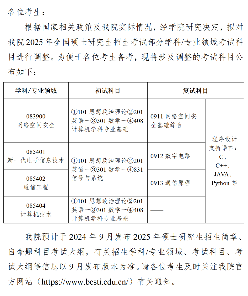 北京电子科技学院2025年硕士研究生招生考试科目调整